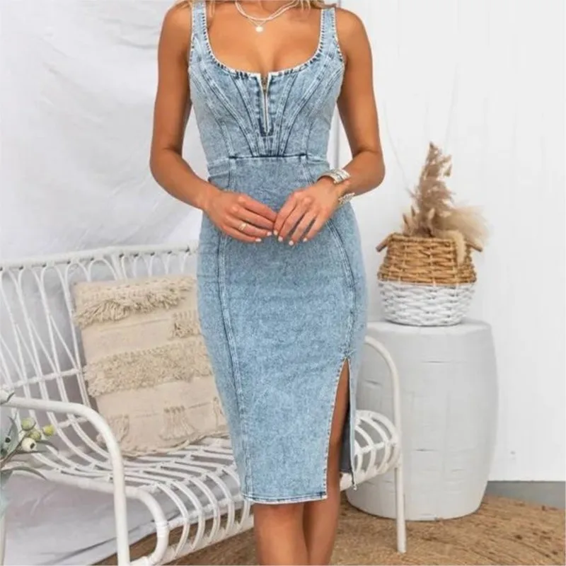Vintage Style Slim Fit Wrap Hip Denim Dress Summer Sleeveless Zip U Collar Bodycon High Slit Hem Midi Dresses For Women Vestidos
Vintage Style Slim Fit Wrap Hip Denim Dress Summer Sleeveless Zip U Collar Bodycon High Slit Hem Midi Dresses For Women Vestidos