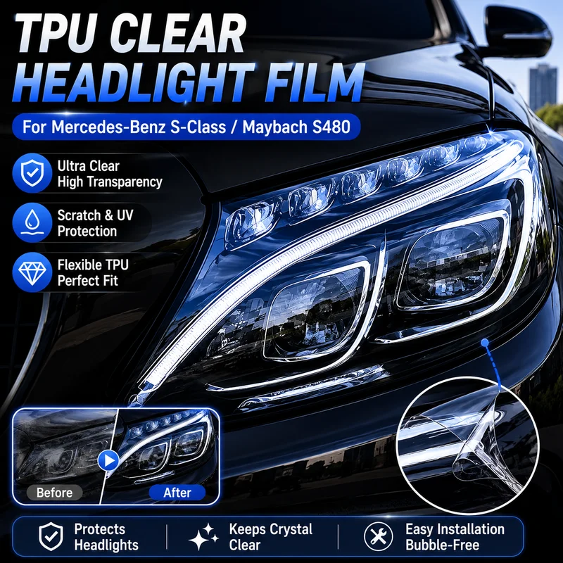 TPU Clear Headlight Film For Mercedes-Benz S-Class Maybach S480 Light Control Tail Light, Replacement Parts, Car Accessories
TPU Clear Headlight Film For Mercedes-Benz S-Class Maybach S480 Light Control Tail Light, Replacement Parts, Car Accessories