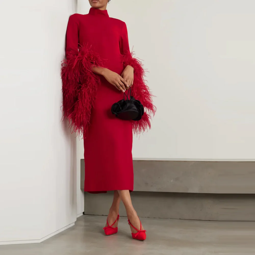 Customized Gorgeous Red Prom Gowns Feathers Short Prom Party Dresses High Neck Long Sleeves Wedding Guest Gowns Tea Length
Customized Gorgeous Red Prom Gowns Feathers Short Prom Party Dresses High Neck Long Sleeves Wedding Guest Gowns Tea Length