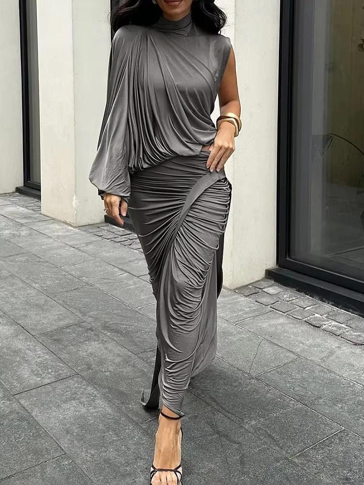 Unique Irregular Women 2 Piece Set Solid Swinging Pleated Single Full Sleeve Turtleneck Tops+Matching Split Maxi Skirts
Unique Irregular Women 2 Piece Set Solid Swinging Pleated Single Full Sleeve Turtleneck Tops+Matching Split Maxi Skirts