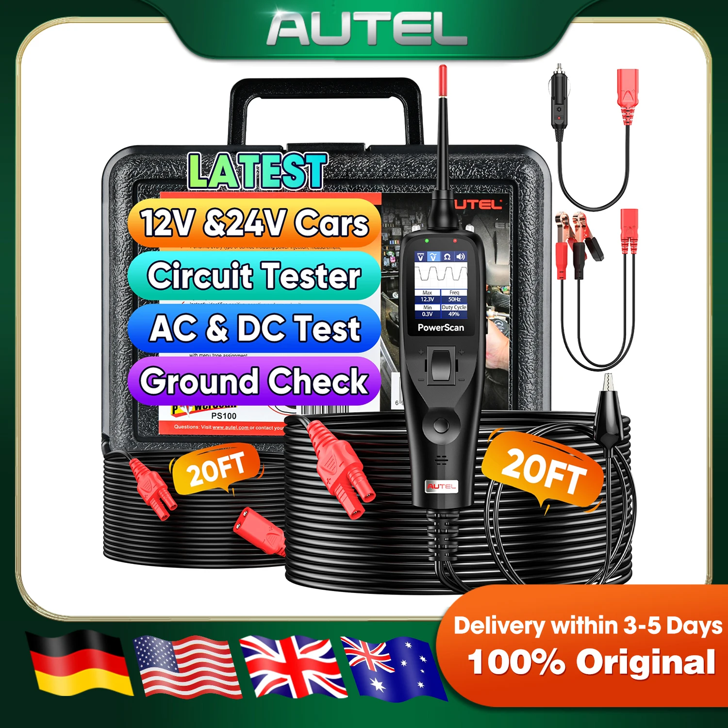 Autel PowerScan PS100 Power Circuit Probe Tester 12-24V Automotive Electrical Open/Short Breaker Finder 40FT Cable for 99% Cars
Autel PowerScan PS100 Power Circuit Probe Tester 12-24V Automotive Electrical Open/Short Breaker Finder 40FT Cable for 99% Cars