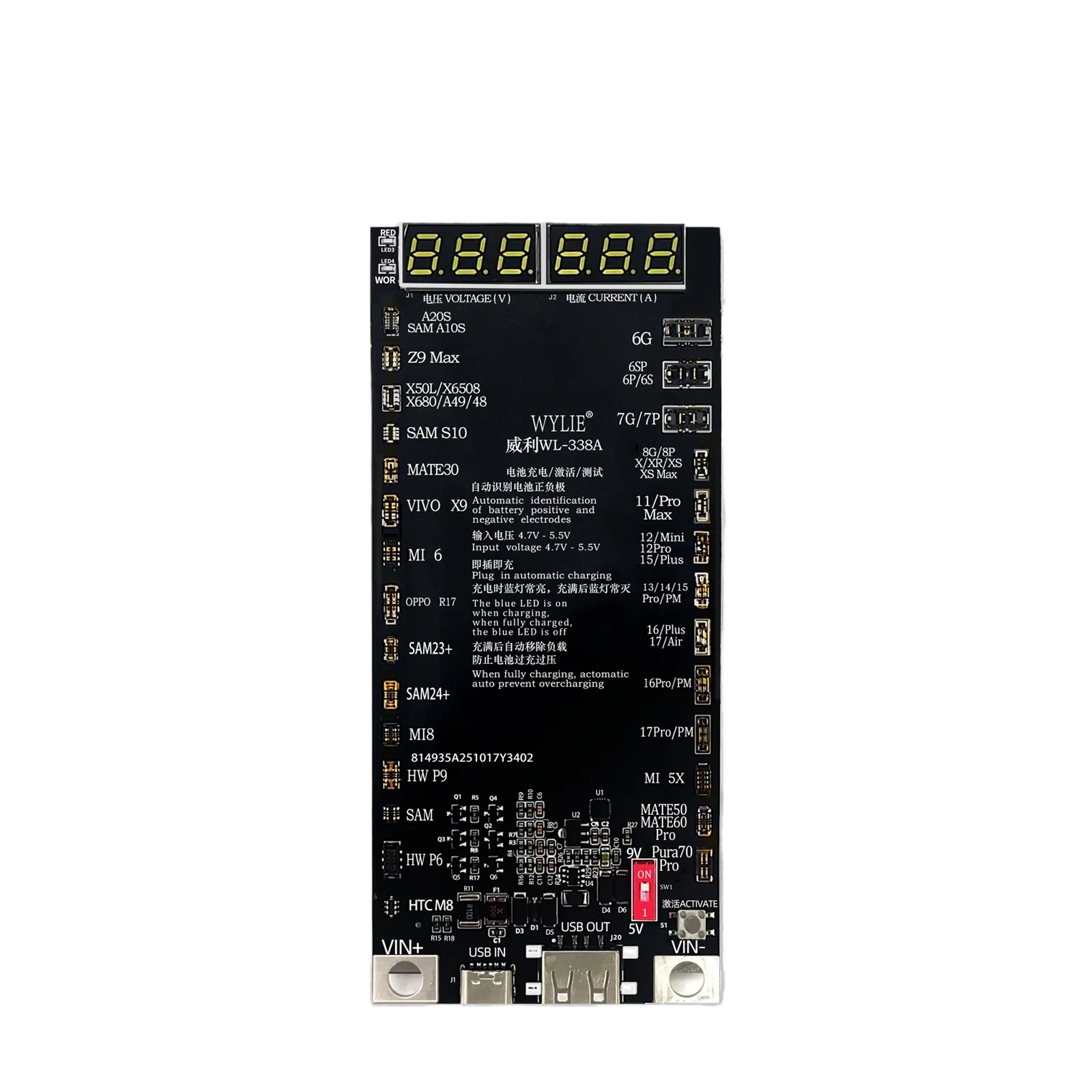 WYLIE Battery Activation Board 5-9V Adaptive Voltage for IPhone6-17 Samsung Xiaomi Android Current Voltage Detection Tool
WYLIE Battery Activation Board 5-9V Adaptive Voltage for IPhone6-17 Samsung Xiaomi Android Current Voltage Detection Tool