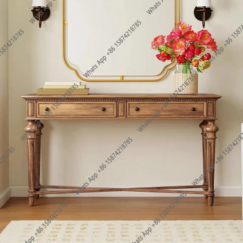 French retro old solid wood entrance table, medieval double drawer Roman column entrance table
French retro old solid wood entrance table, medieval double drawer Roman column entrance table