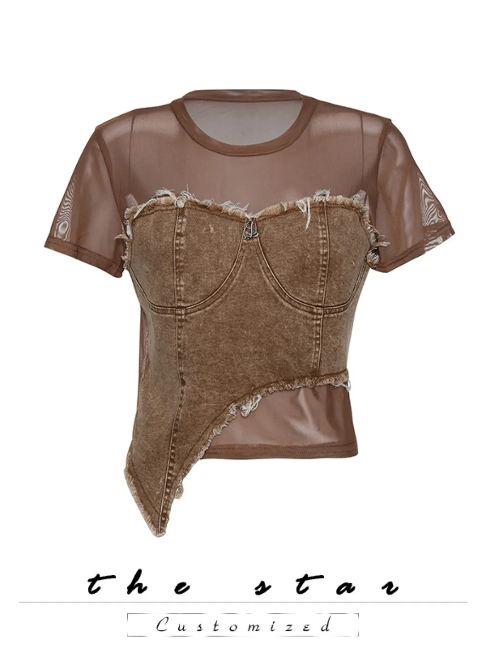 Американская винтажная футболка в стиле гранж, женская деконструированная джинсовая сетка в стиле пэчворк, прозрачный топ с необработанным подолом, летний городской край, мягкий гранж
Американская винтажная футболка в стиле гранж, женская деконструированная джинсовая сетка в стиле пэчворк, прозрачный топ с необработанным подолом, летний городской край, мягкий гранж