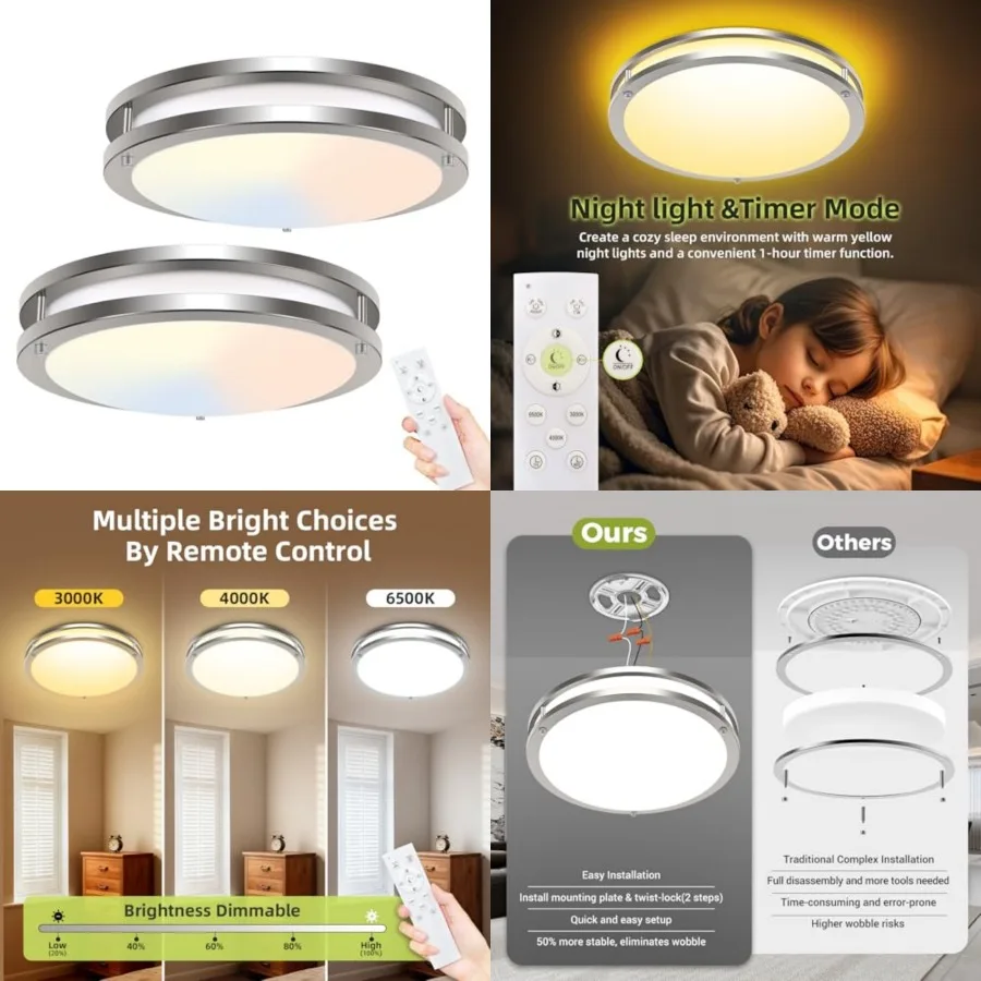2Pack Flush Mount LED Ceiling Light with Remote, Dimmableand 3000K-6500K Adjustable Ceiling Light Fixture, Timer, Night Light,
2Pack Flush Mount LED Ceiling Light with Remote, Dimmableand 3000K-6500K Adjustable Ceiling Light Fixture, Timer, Night Light,