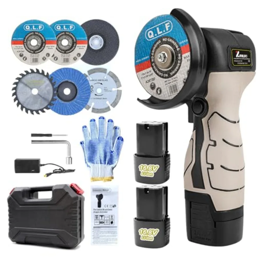 Cordless Brush Angle Grinder Kit, 19500rpm Mini Electric Angle Grinding Tool with 2pcs 16.8V 2000mAh Batteries and 6-Cutting Di
Cordless Brush Angle Grinder Kit, 19500rpm Mini Electric Angle Grinding Tool with 2pcs 16.8V 2000mAh Batteries and 6-Cutting Di