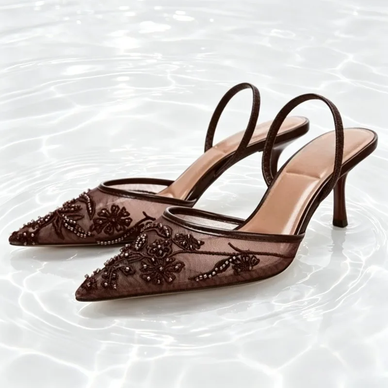 Elegant Mesh Embroidery High Heels for Women Sexy Pointed Toe String Bead Slingback Heeled Sandals Luxury Banquet Designer Shoes
Elegant Mesh Embroidery High Heels for Women Sexy Pointed Toe String Bead Slingback Heeled Sandals Luxury Banquet Designer Shoes