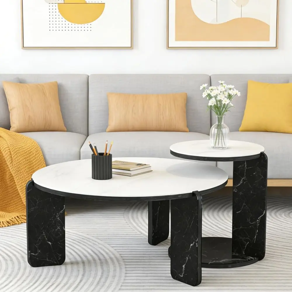 2-Piece Round Coffee Table Set with White Stone Top and Black Stone Legs for Living Room
2-Piece Round Coffee Table Set with White Stone Top and Black Stone Legs for Living Room