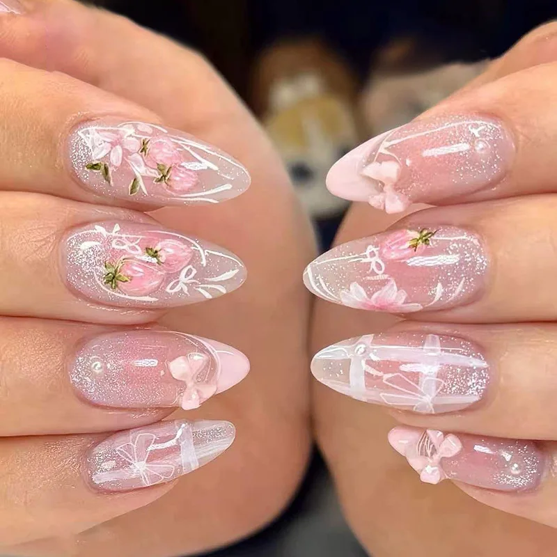 24PCS Shiny Pink Cat Eye Almond False Nails Sweet Strawberry Flower with 3D Cute Bow French Press on Nails for Girls Fashionable
24PCS Shiny Pink Cat Eye Almond False Nails Sweet Strawberry Flower with 3D Cute Bow French Press on Nails for Girls Fashionable