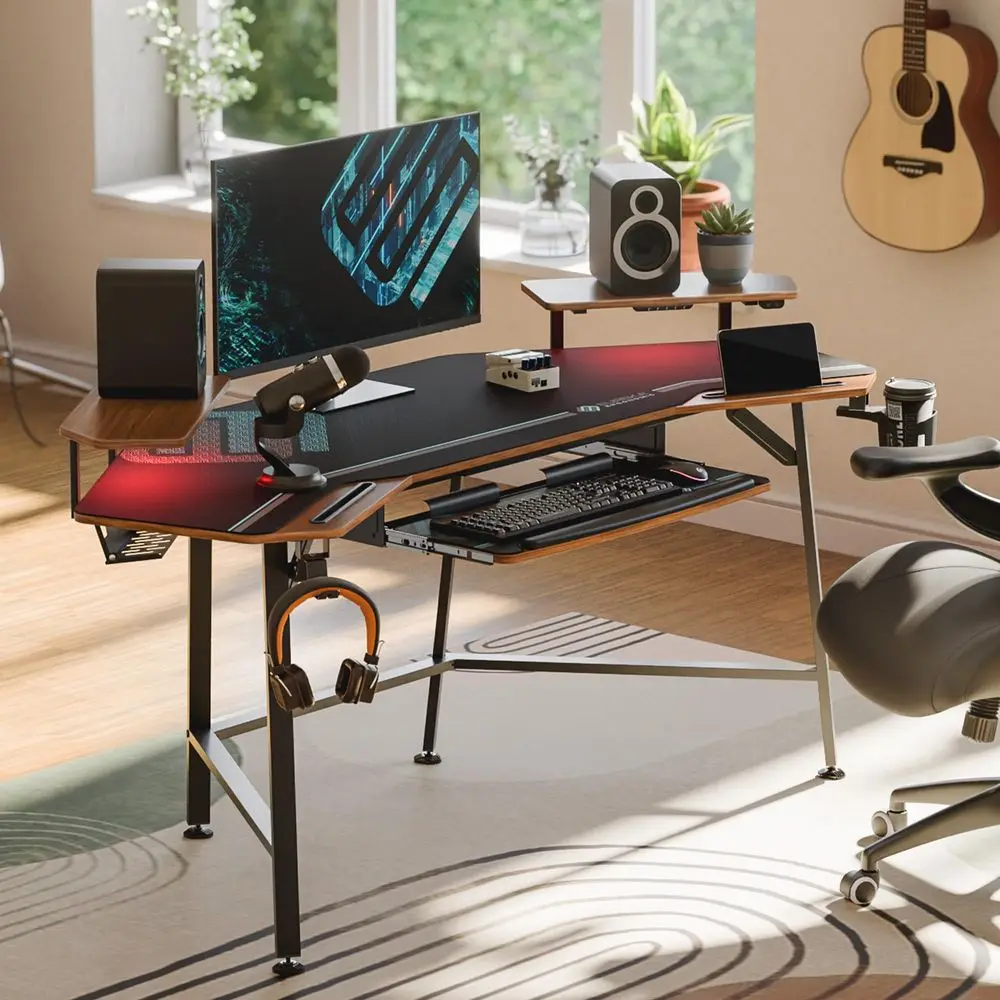 72 Gaming Desk W Keyboard Tray, WingShaped Music Studio Desk, Large Computer Table W LED Convertible Monitor Stand Dual Headpho