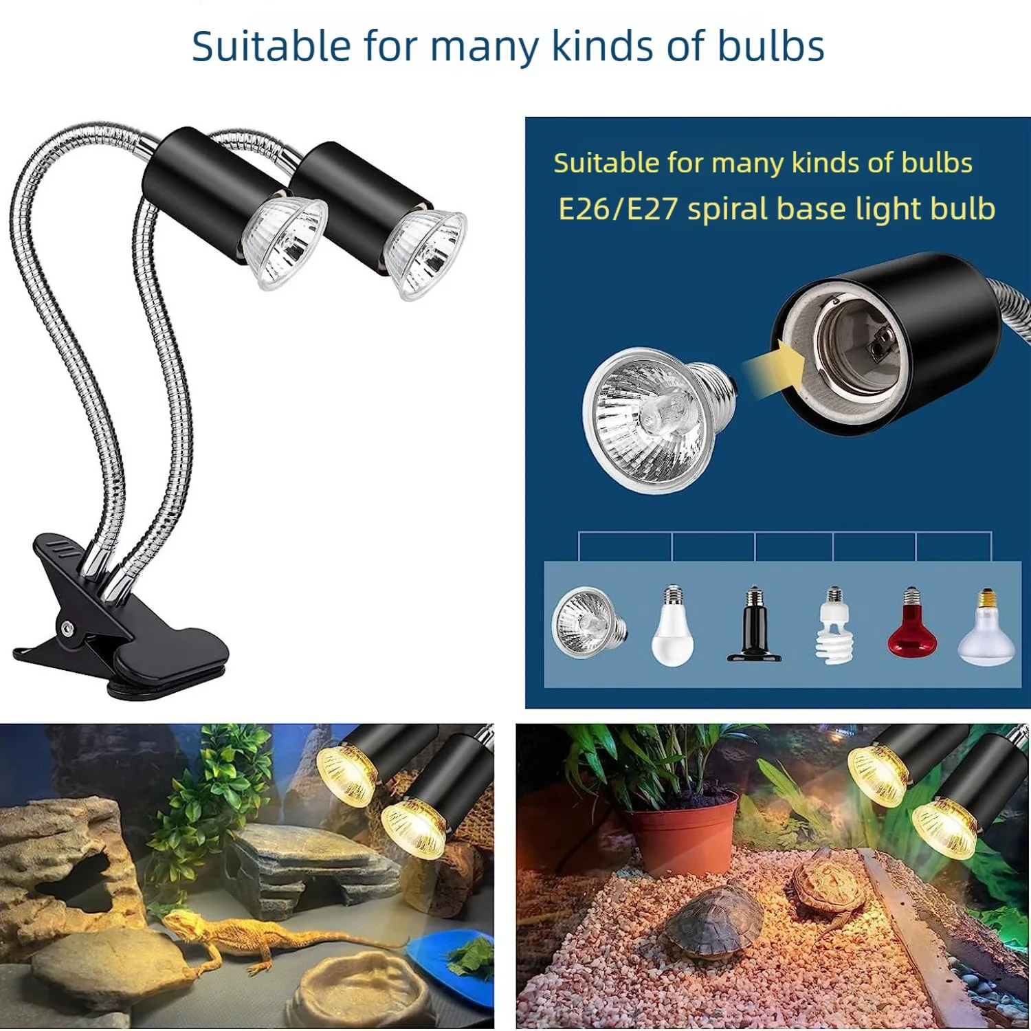 Reptile Heat Lamp, Double-Head Basking Lamp with Clamp, UVA UVB Reptile Light with Intelligent Cycle Timer for Turtle, Lizard
Reptile Heat Lamp, Double-Head Basking Lamp with Clamp, UVA UVB Reptile Light with Intelligent Cycle Timer for Turtle, Lizard