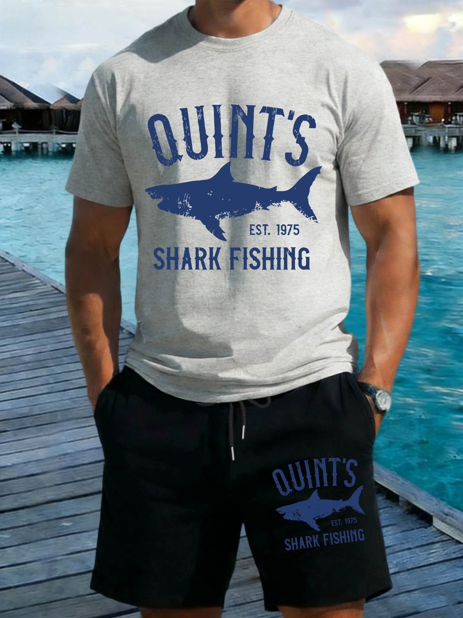 Quint'S Shark Fishing Print Man T Shirt Suits Summer Cotton T-Shirts Wide-Leg Drawstring Shorts Breathable Pocket Black Pant
Quint'S Shark Fishing Print Man T Shirt Suits Summer Cotton T-Shirts Wide-Leg Drawstring Shorts Breathable Pocket Black Pant