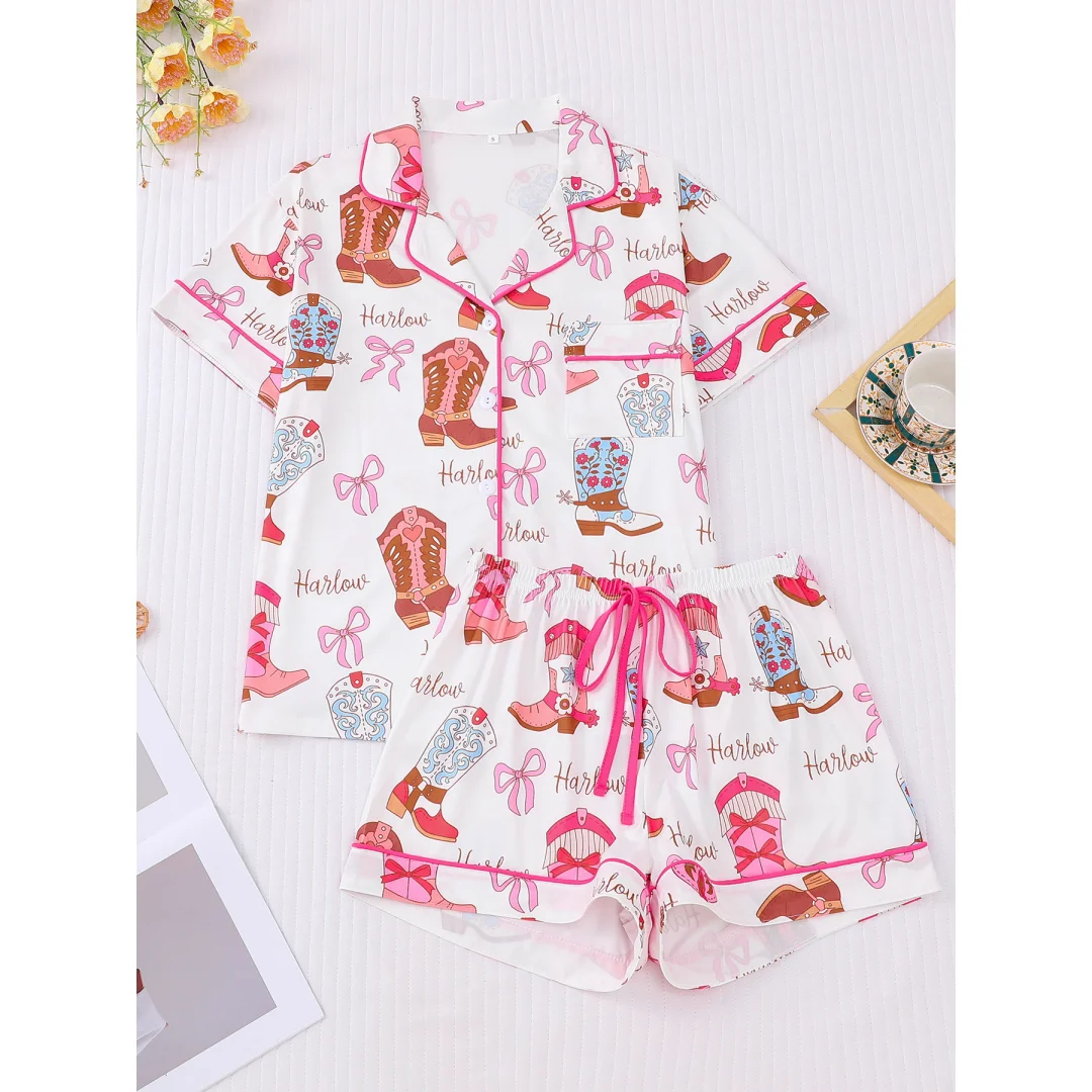 Cute Bows Boots Print Pajamas White Lapel Short Sleeves Shorts Home Wear Set Loungewear Clothes Valentine's Day Gifts for Women
Cute Bows Boots Print Pajamas White Lapel Short Sleeves Shorts Home Wear Set Loungewear Clothes Valentine's Day Gifts for Women