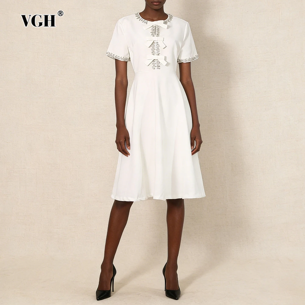 VGH Elegant Solid Fresh Slimming Dresses For Women Round Neck Short Sleeve High Waist Spliced Bowknot Sweet Dress Female Style
VGH Elegant Solid Fresh Slimming Dresses For Women Round Neck Short Sleeve High Waist Spliced Bowknot Sweet Dress Female Style