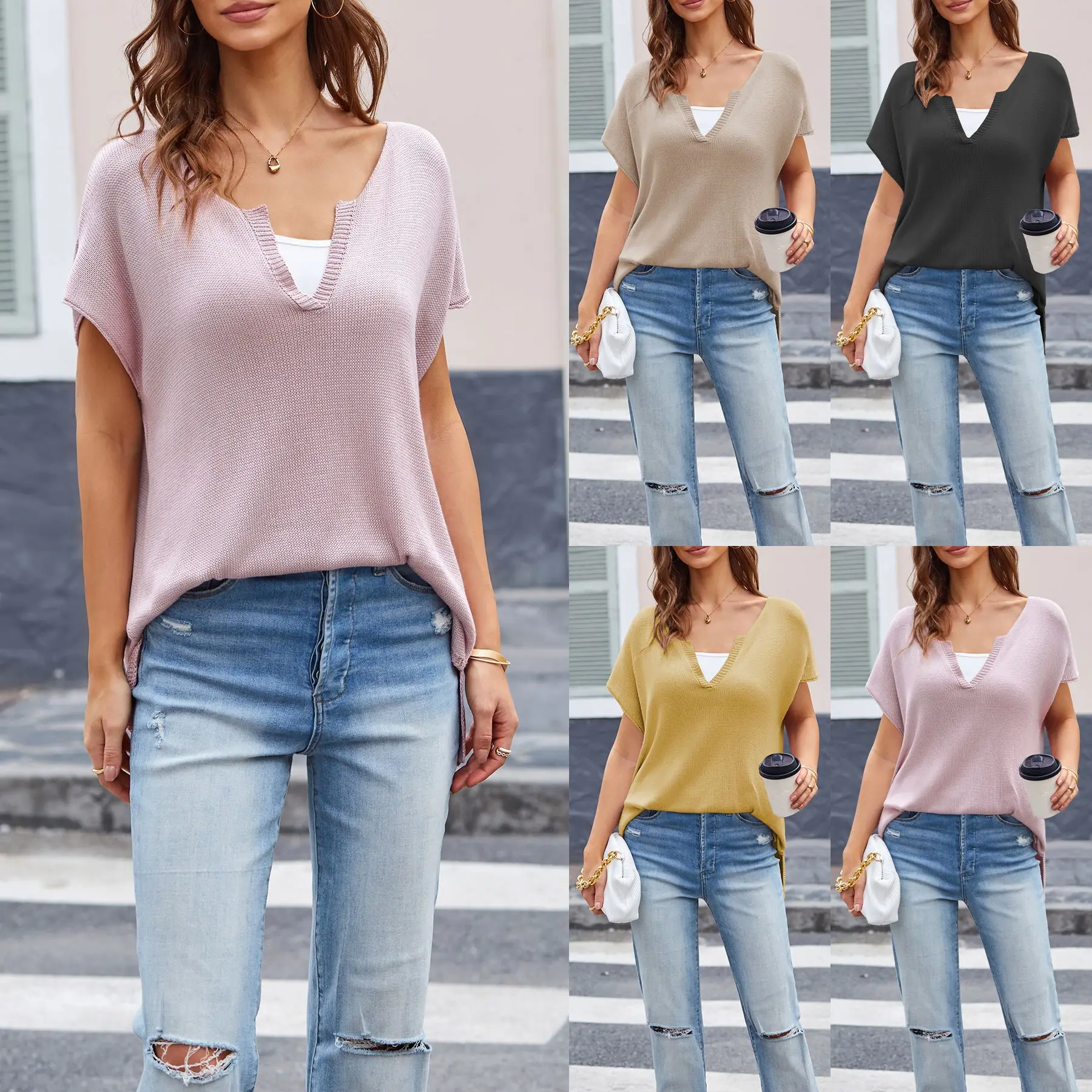 Short sleeved summer new V-neck loose oversized casual European and American women's clothing pullover short sleeved sweater
Short sleeved summer new V-neck loose oversized casual European and American women's clothing pullover short sleeved sweater