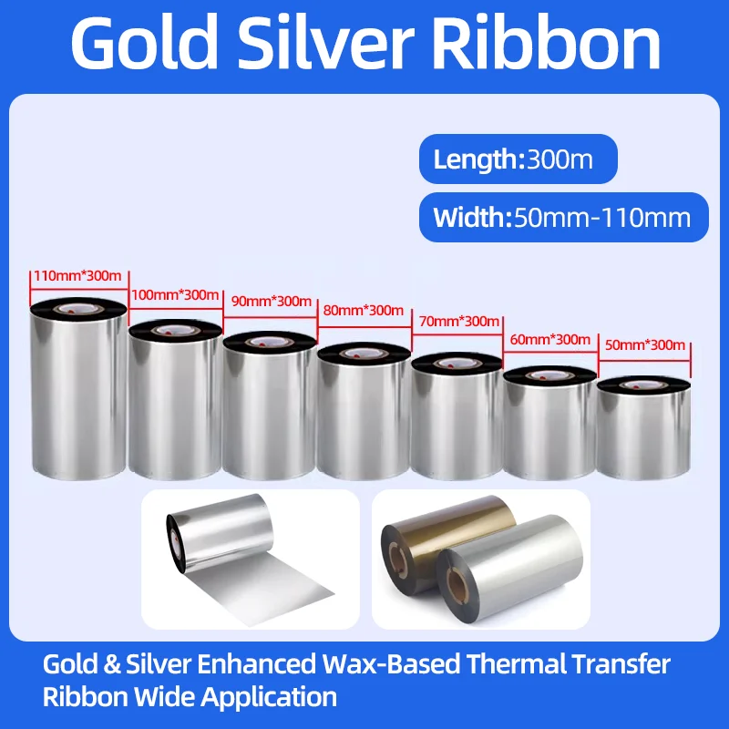 1 Roll Gold & Silver Wax-based carbon band 60mm/70mm/80mm/90mm/100mm/110mm*300m Wax Label Ribbon for Thermal Transfer Printer
1 Roll Gold & Silver Wax-based carbon band 60mm/70mm/80mm/90mm/100mm/110mm*300m Wax Label Ribbon for Thermal Transfer Printer