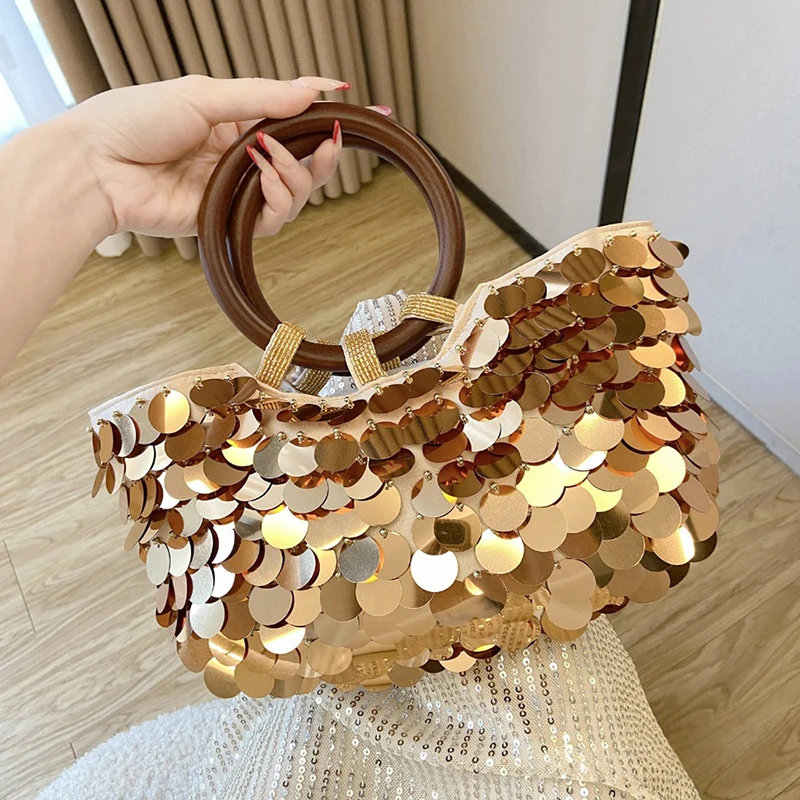 Handmade Sequin Evening Clutch Bag With Wooden Ring Handle Sparkly Bead Party Handbag Elegant Round Handle Tote Bag For Wedding
Handmade Sequin Evening Clutch Bag With Wooden Ring Handle Sparkly Bead Party Handbag Elegant Round Handle Tote Bag For Wedding