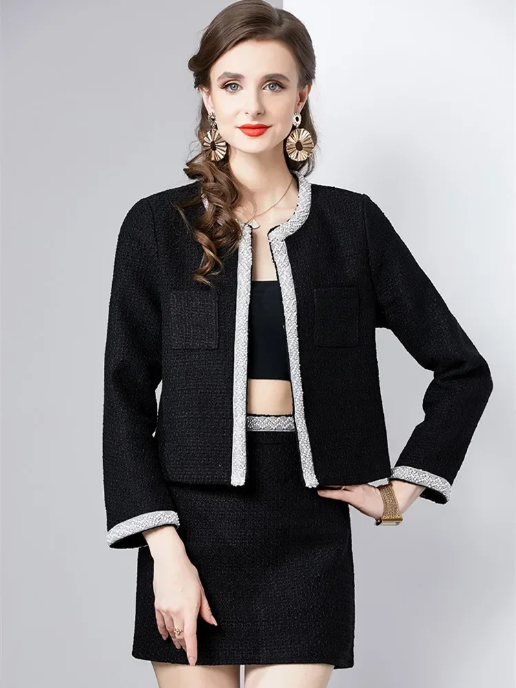Elegant Pearls Beading TRim Tweed Woolen Two Piece Set For Women Autumn Winter Black Short Jacket Coat+Mini Skirt Suits 
Elegant Pearls Beading TRim Tweed Woolen Two Piece Set For Women Autumn Winter Black Short Jacket Coat+Mini Skirt Suits