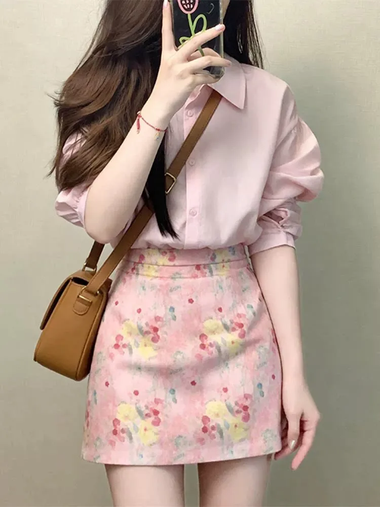 Pink Neck Shirt And High Waist Skirt Set Women's Summer Fashion Outfit Floral Print Two-Piece Suit Korean Sweet Style
Pink Neck Shirt And High Waist Skirt Set Women's Summer Fashion Outfit Floral Print Two-Piece Suit Korean Sweet Style