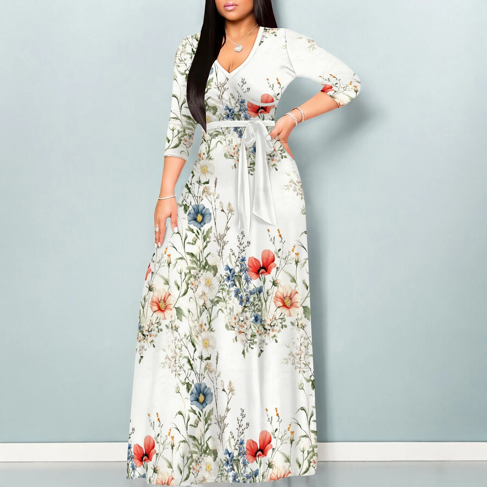 Floral V-Neck 3/4 Sleeve Wrap Maxi Dress with Belt - Women's Romantic Elegant Party Evening Resortwear Date Night
Floral V-Neck 3/4 Sleeve Wrap Maxi Dress with Belt - Women's Romantic Elegant Party Evening Resortwear Date Night
