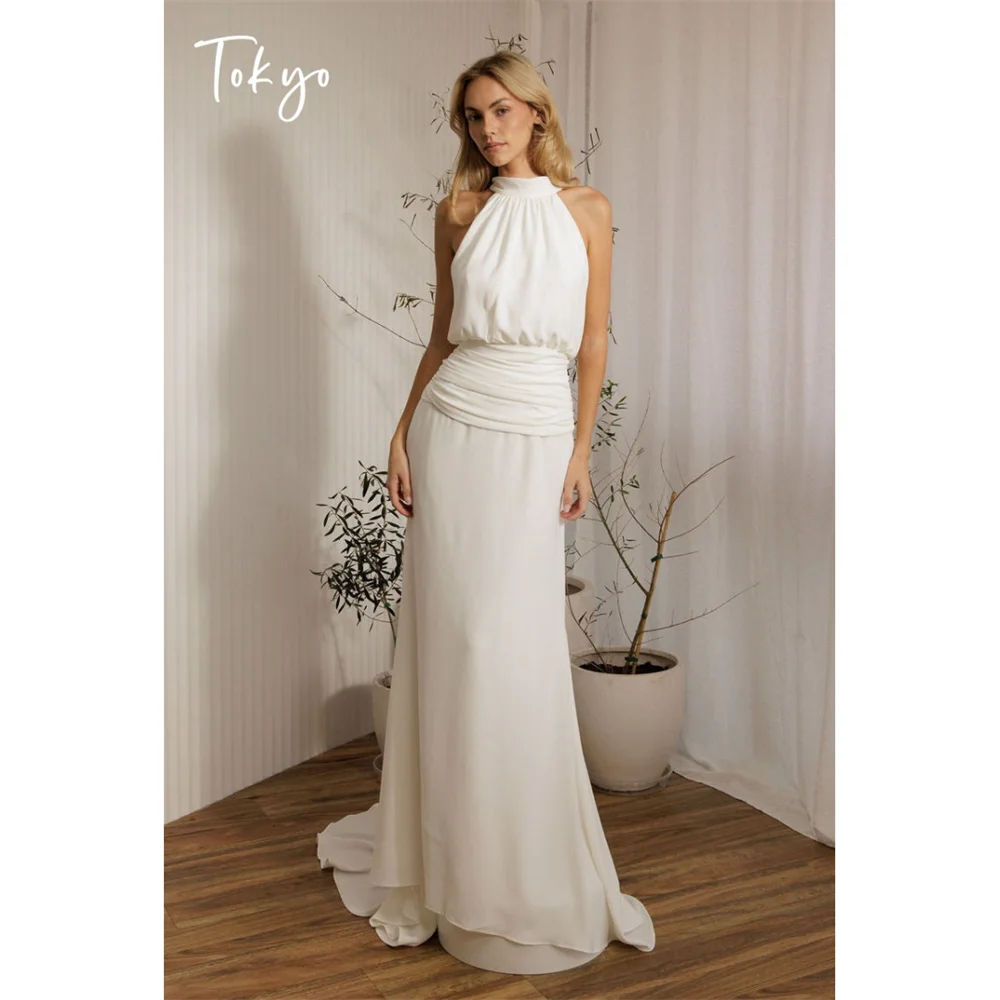 Tokyo Halter Neck Elegant Sleeveless Wedding Dress Ruched High Waist Silk Backless Evening Gown Flowy White Formal Party Dress
Tokyo Halter Neck Elegant Sleeveless Wedding Dress Ruched High Waist Silk Backless Evening Gown Flowy White Formal Party Dress