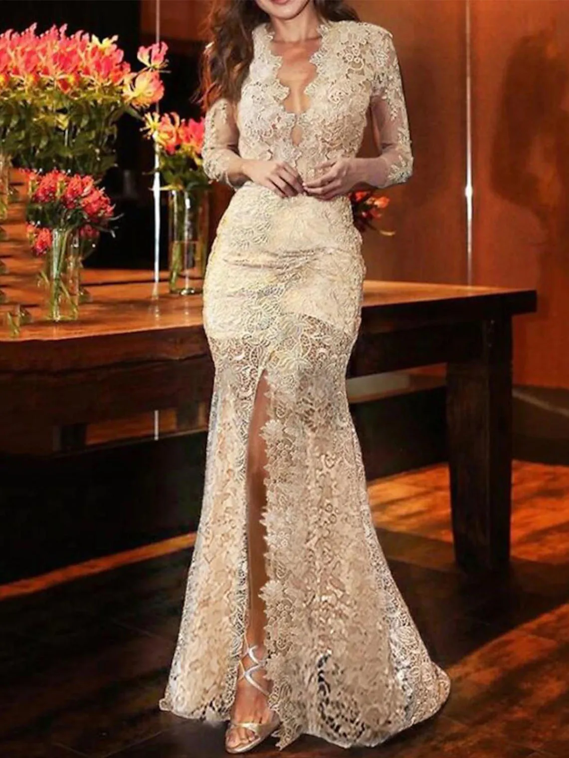 Sexy Mermaid Semi Formal Evening Dress Long Sleeve V Neck Chiffon Lace Slit Appliques Wedding Guest Dress 2025 Free Customized
Sexy Mermaid Semi Formal Evening Dress Long Sleeve V Neck Chiffon Lace Slit Appliques Wedding Guest Dress 2025 Free Customized