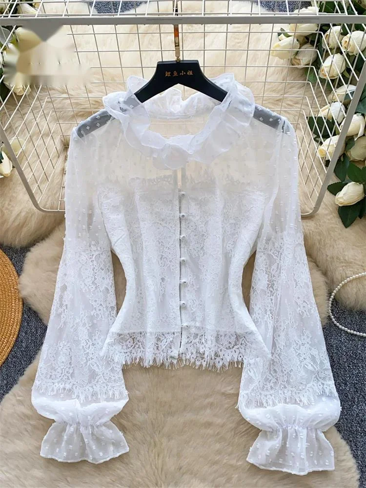 Lace Ruffled Court Tops Ladies Full Sleeves Button Patchwork Sheer Blouse French Style 3D Texture Chiffon Luxury Shirt
Lace Ruffled Court Tops Ladies Full Sleeves Button Patchwork Sheer Blouse French Style 3D Texture Chiffon Luxury Shirt