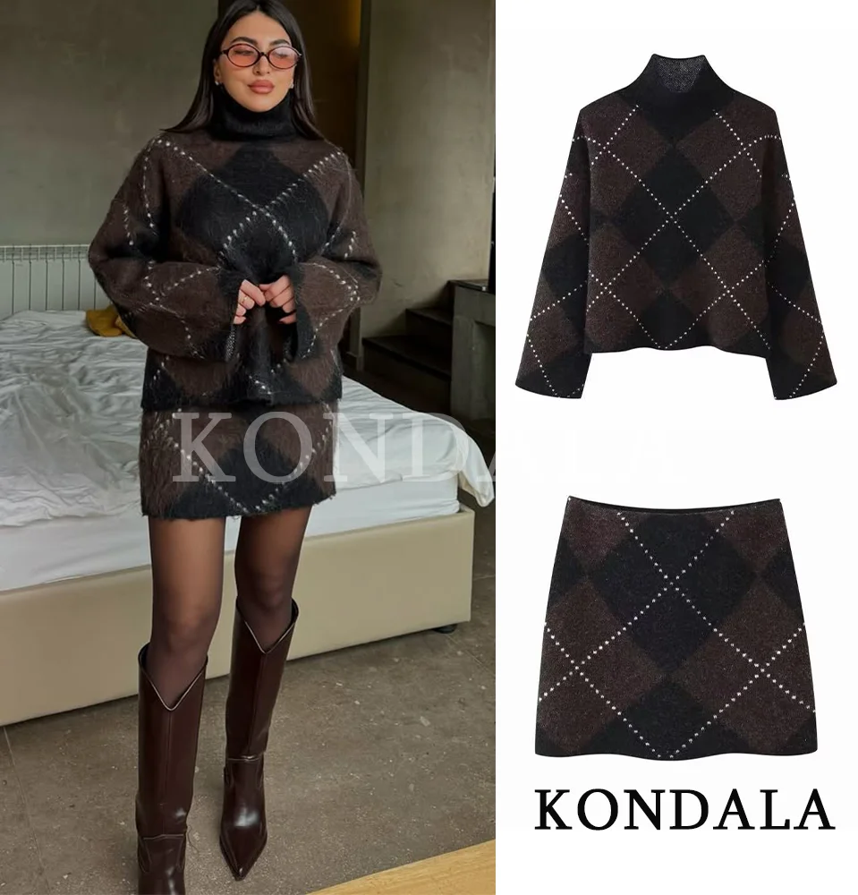 KONDALA Trendy Vintage Knitted Skirts Set Women Fall Rhombus Turtleneck Sweater,Mini Skirt 2026 Spring Chic Elegant Lady Set
KONDALA Trendy Vintage Knitted Skirts Set Women Fall Rhombus Turtleneck Sweater,Mini Skirt 2026 Spring Chic Elegant Lady Set