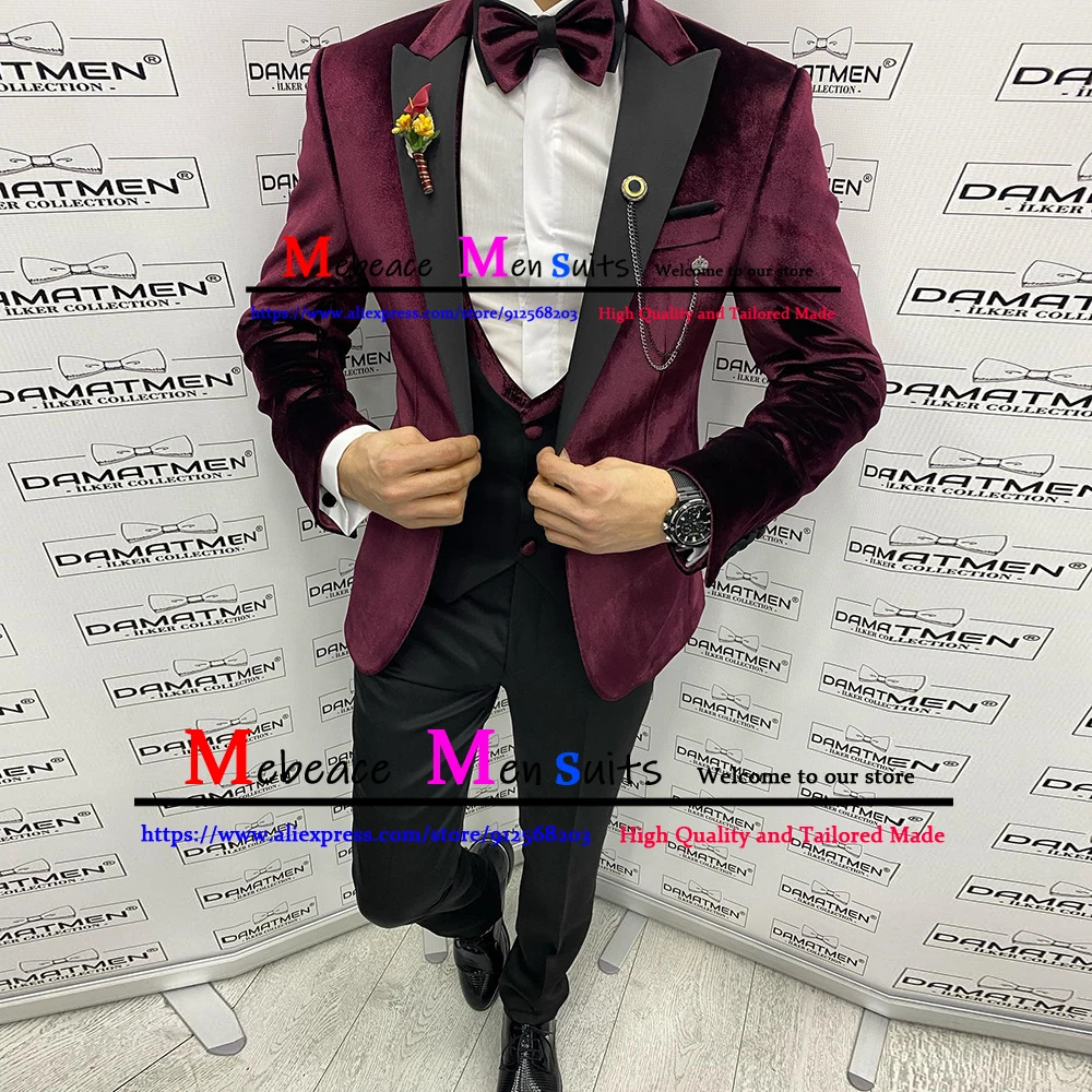 Burgundy Velvet Blazer Vest Black Pants Slim Fit Men Wedding Suit Costume Homme 3 Pieces Classic Notched Lapel Men Suit Set
Burgundy Velvet Blazer Vest Black Pants Slim Fit Men Wedding Suit Costume Homme 3 Pieces Classic Notched Lapel Men Suit Set