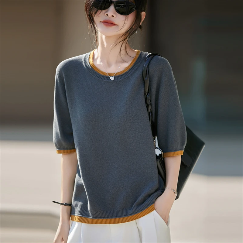 Women's fashionable half sleeved knitted round neck thin and loose summer breathable and comfortable color blocked T-shirt top
Women's fashionable half sleeved knitted round neck thin and loose summer breathable and comfortable color blocked T-shirt top