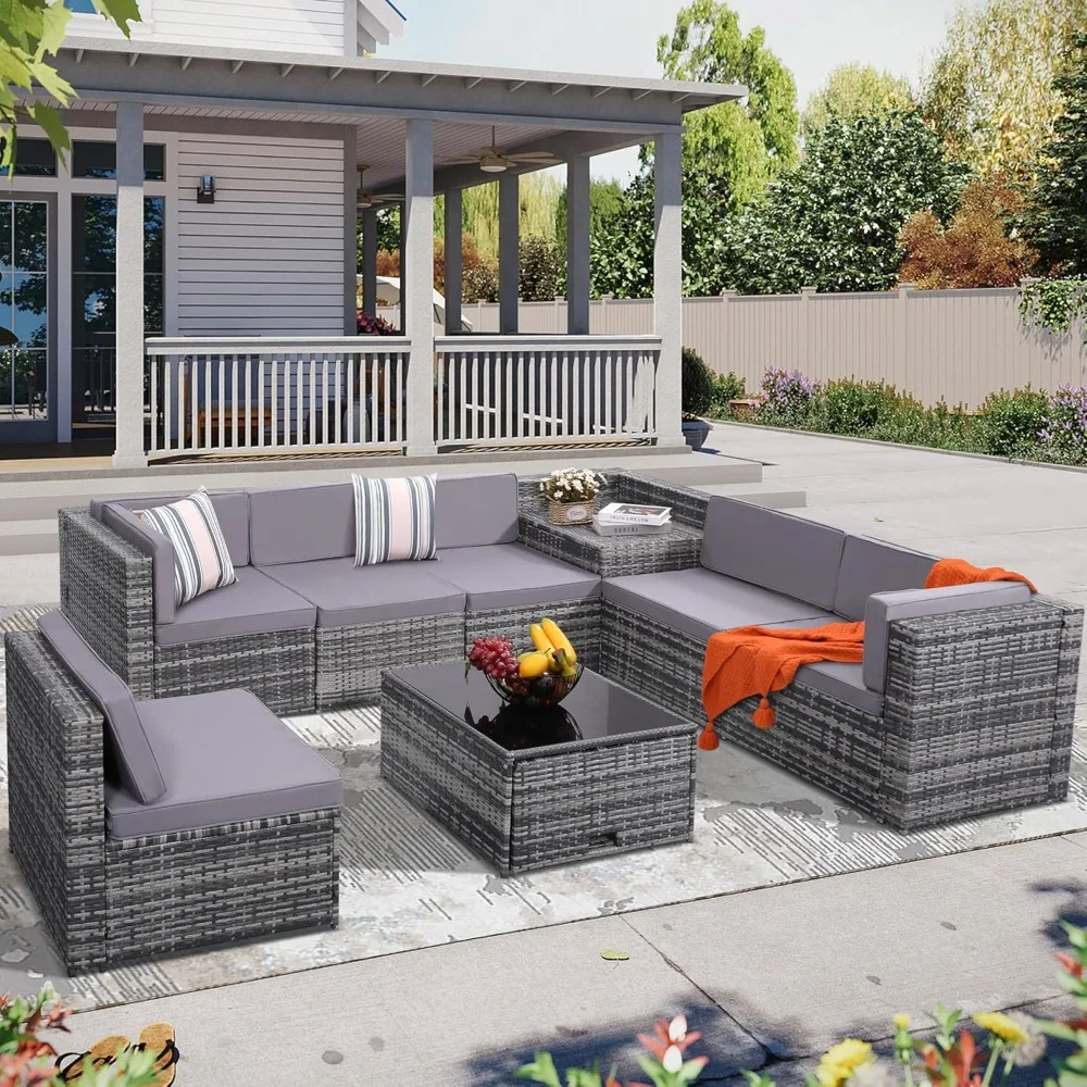 8 Piece Outdoor Wicker Patio Furniture Sectional Set, Glass Top Table with Hidden Storage, Includes 7 Seating Components
8 Piece Outdoor Wicker Patio Furniture Sectional Set, Glass Top Table with Hidden Storage, Includes 7 Seating Components