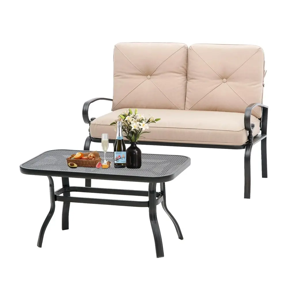 Outdoor 2 Pcs Patio Loveseat Bench Metal Frame Furniture Set with Thick Cushions and Coffee Table, Wrought Iron Look Brown
Outdoor 2 Pcs Patio Loveseat Bench Metal Frame Furniture Set with Thick Cushions and Coffee Table, Wrought Iron Look Brown