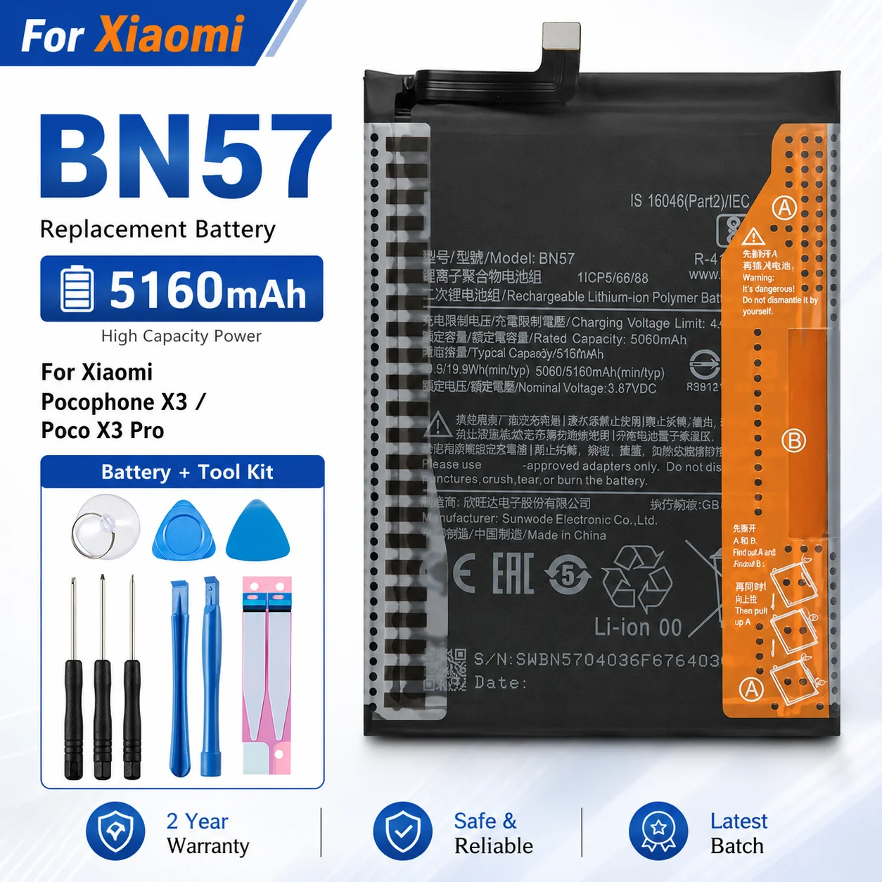 New High Capacity BN57 5160mAh Battery for Xiaomi Pocophone X3 Poco X3 Pro Long Lasting Replacement Cell with Tool Kit Set
New High Capacity BN57 5160mAh Battery for Xiaomi Pocophone X3 Poco X3 Pro Long Lasting Replacement Cell with Tool Kit Set