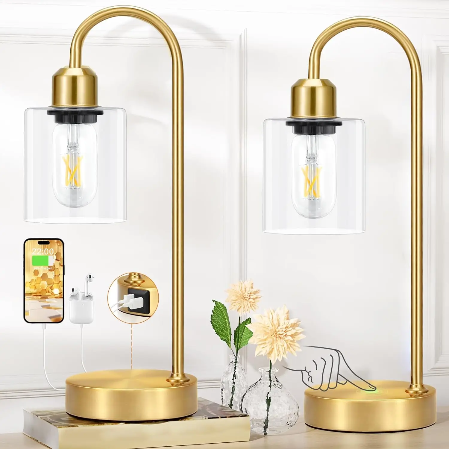 Industrial Gold Table Lamps Set - 3 Way Dimmable Touch Desk Lamps Set Of 2 With Usb C+A Ports, Nightstand Lamp With Glass
Industrial Gold Table Lamps Set - 3 Way Dimmable Touch Desk Lamps Set Of 2 With Usb C+A Ports, Nightstand Lamp With Glass