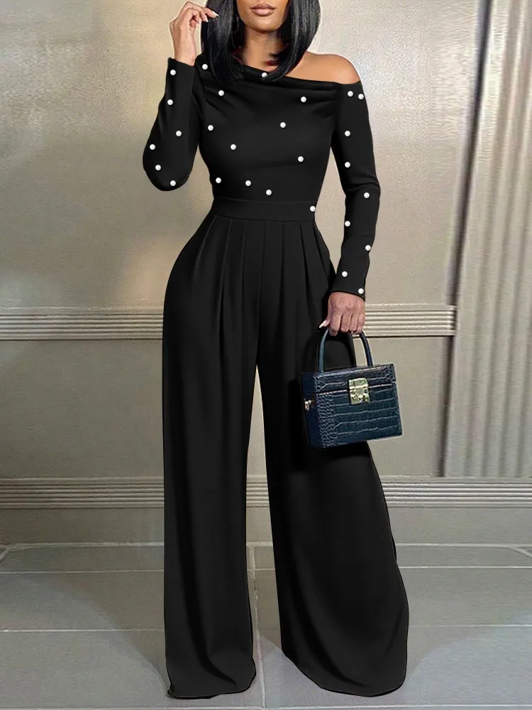 Jumpsuit For Women High Waist Fashionable Sloped Collar Beaded Decoration Elegant Long-sleeved Wide leg Rompers Casual Office
Jumpsuit For Women High Waist Fashionable Sloped Collar Beaded Decoration Elegant Long-sleeved Wide leg Rompers Casual Office