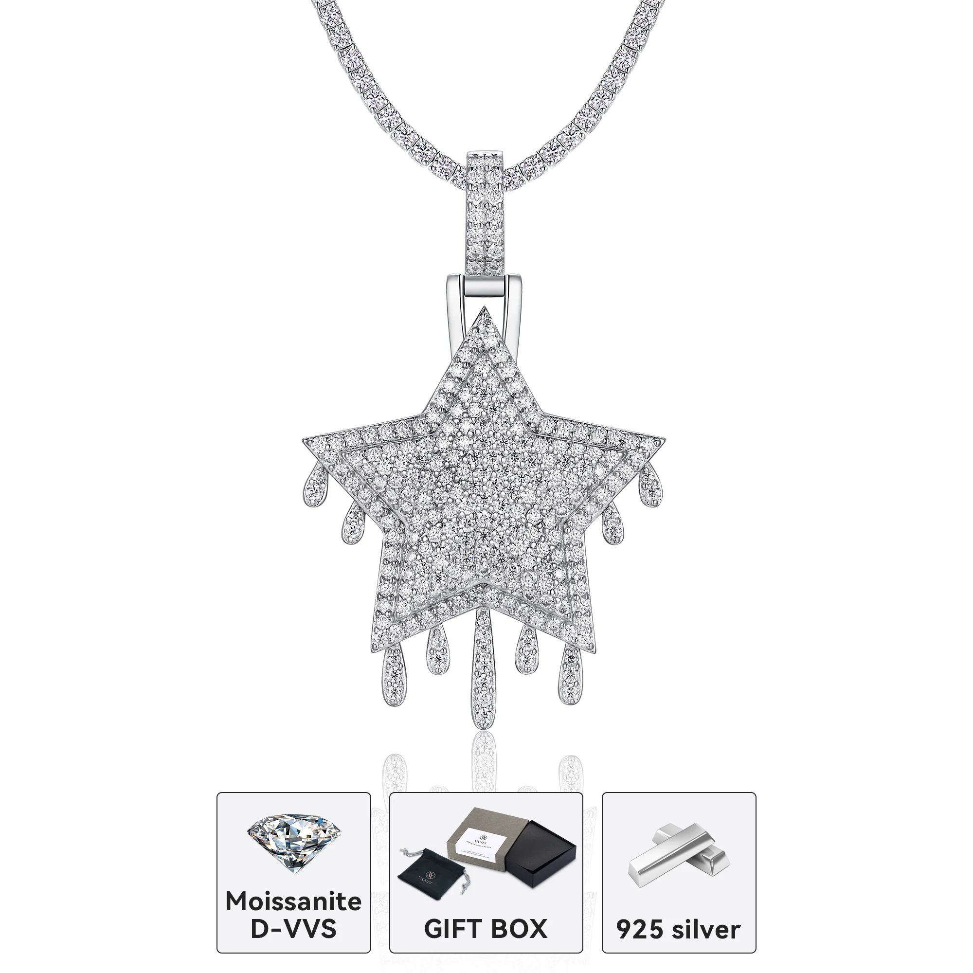 kfvanfi 925 sterling silver platinum-plated moissanite D VVS design personality five-pointed star men's hip-hop pendant necklace
kfvanfi 925 sterling silver platinum-plated moissanite D VVS design personality five-pointed star men's hip-hop pendant necklace