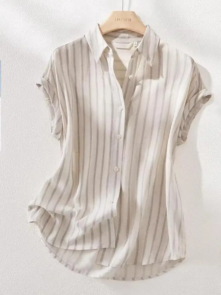 Women Summer Beige Stripes Office Shirt Korean Fashion Short Sleeve Single Breasted Blouses Festival Versatile Tops Casual Trend
Women Summer Beige Stripes Office Shirt Korean Fashion Short Sleeve Single Breasted Blouses Festival Versatile Tops Casual Trend