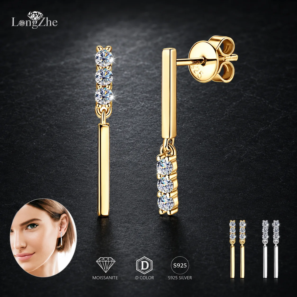 LongZhe S925 Silver Moissanite Linear Drop Earrings 0.09CT+0.09CT Geometric Bar Fine Jewelry Women Gift GRA Certificate
LongZhe S925 Silver Moissanite Linear Drop Earrings 0.09CT+0.09CT Geometric Bar Fine Jewelry Women Gift GRA Certificate