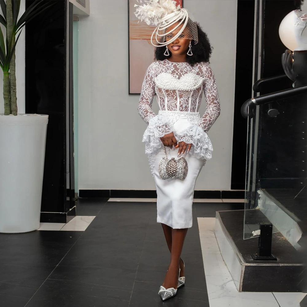 Beaded O-Neck Wedding Dresses Women Long Sleeve Applique Lace Bride Gowns Mermaid Satin Tea-Length robe mariage civil Customized
Beaded O-Neck Wedding Dresses Women Long Sleeve Applique Lace Bride Gowns Mermaid Satin Tea-Length robe mariage civil Customized