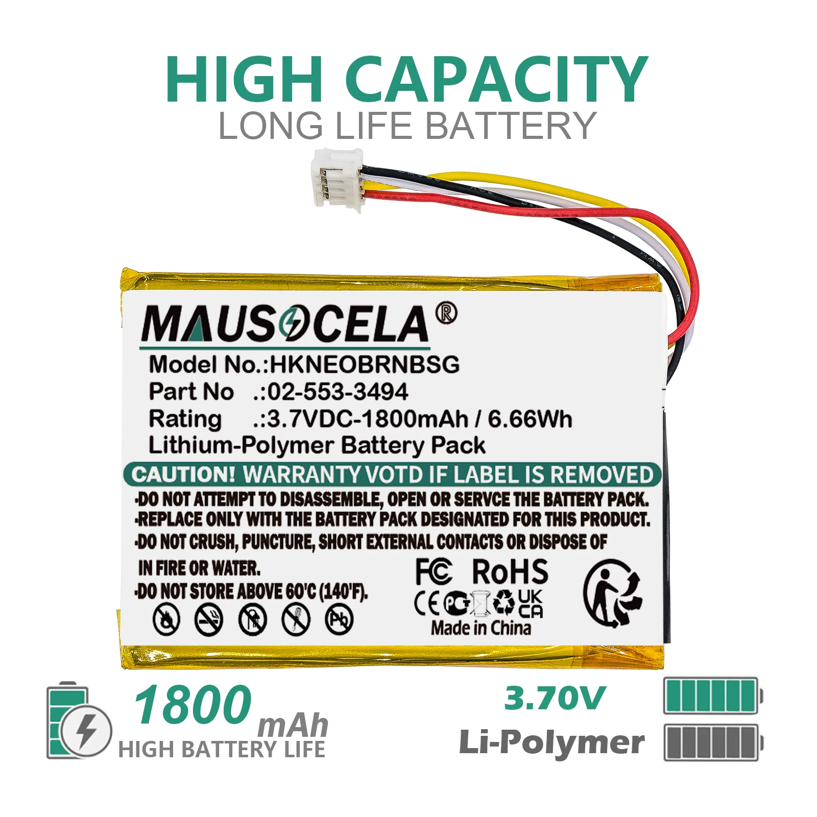 1800mAh Speaker Battery For Harman/Kardon:02-553-3494,Neo,HKNEOBRNBSG,+Toolkit,--Li-Polymer--3.70V--1800mAh / 6.66Wh
1800mAh Speaker Battery For Harman/Kardon:02-553-3494,Neo,HKNEOBRNBSG,+Toolkit,--Li-Polymer--3.70V--1800mAh / 6.66Wh