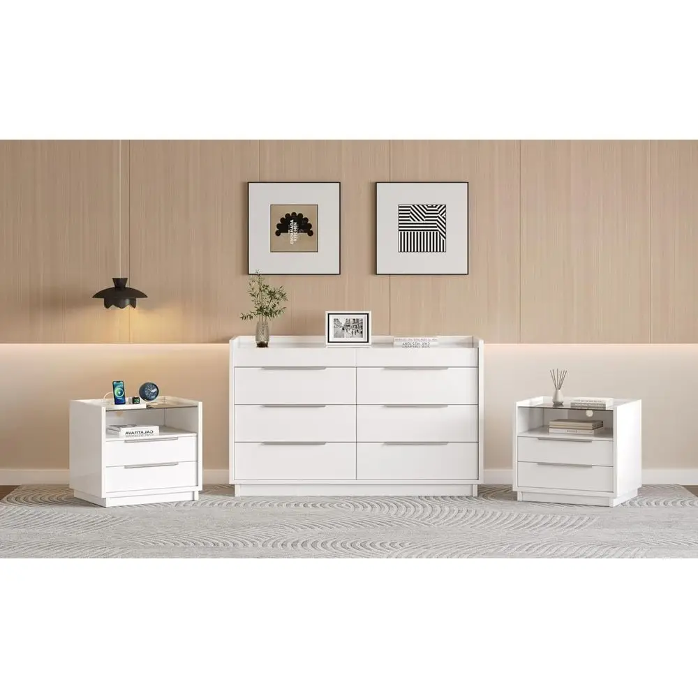 3-Piece Bedroom Set: High Gloss Drawer Dresser, 8-Drawer with LED Lights & 2 Nightstands, UV Finish, White
3-Piece Bedroom Set: High Gloss Drawer Dresser, 8-Drawer with LED Lights & 2 Nightstands, UV Finish, White