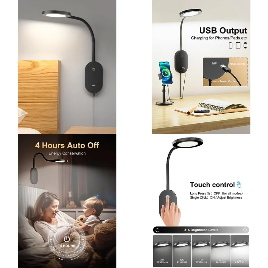 LED Wall Mounted Reading Light for Bed, Book Light for Wall Bedside Lamp with USB Output, 4 Hour Auto-Off Timer Lights Eye-Cari
LED Wall Mounted Reading Light for Bed, Book Light for Wall Bedside Lamp with USB Output, 4 Hour Auto-Off Timer Lights Eye-Cari