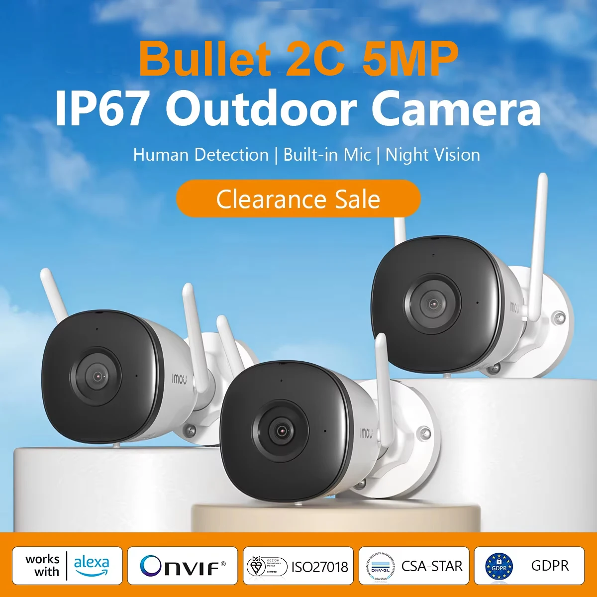 IMOU 3PCS Bullet 2C 5MP Wi-Fi Dual Antenna Outdoor Night Vision IP67 Weatherproof Audio Recording AI Human Detect IPC-F22P
IMOU 3PCS Bullet 2C 5MP Wi-Fi Dual Antenna Outdoor Night Vision IP67 Weatherproof Audio Recording AI Human Detect IPC-F22P