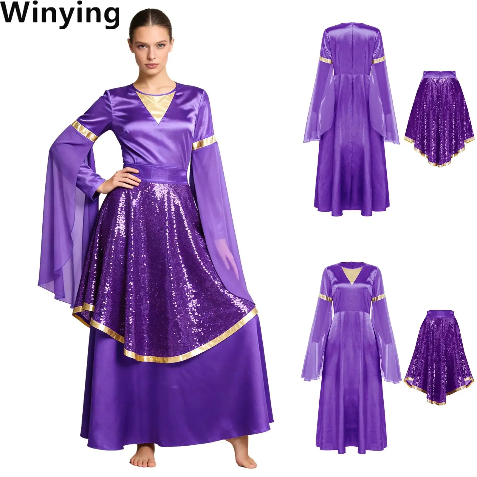 Women Liturgical Praise Ballroom Dance Costume Flared Long Sleeve Overlay Tunic Dress and Sequin Skirt for Church Pray Worship
Women Liturgical Praise Ballroom Dance Costume Flared Long Sleeve Overlay Tunic Dress and Sequin Skirt for Church Pray Worship