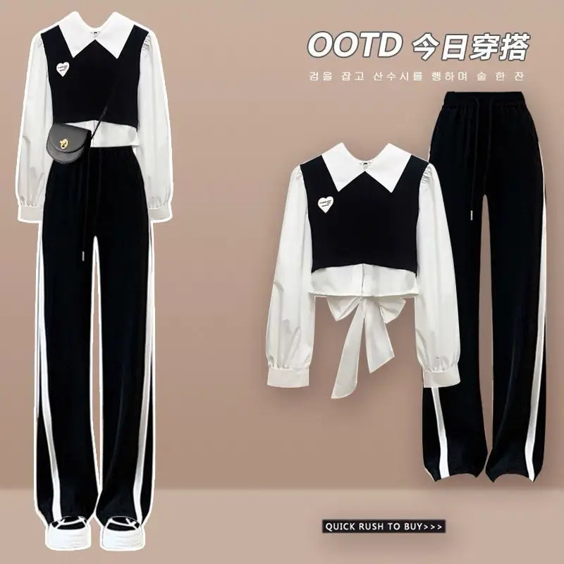 Large Size Women's Spring Autumn Suit 2025 New Fashionable Fake Two-piece Top Casual Pants Two-piece Set 
Large Size Women's Spring Autumn Suit 2025 New Fashionable Fake Two-piece Top Casual Pants Two-piece Set