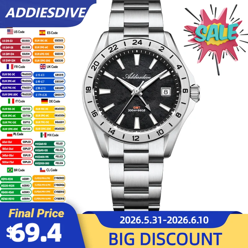 ADDIESDIVE Top Luxury Men's Quartz Watches Sapphire Crystal Swiss Ronda 515-24H Dual Time BGW9 Super Luminous 20Bar Waterproof
ADDIESDIVE Top Luxury Men's Quartz Watches Sapphire Crystal Swiss Ronda 515-24H Dual Time BGW9 Super Luminous 20Bar Waterproof