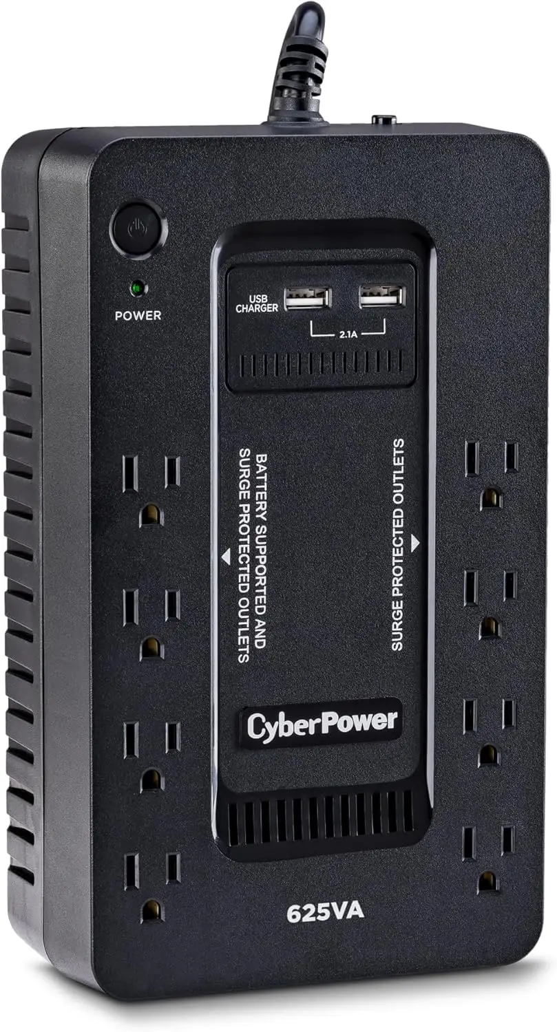 625VA/360W UPS Battery Backup & Surge Protector, 8 Outlets, 2 USB Charging Ports, Compact
625VA/360W UPS Battery Backup & Surge Protector, 8 Outlets, 2 USB Charging Ports, Compact