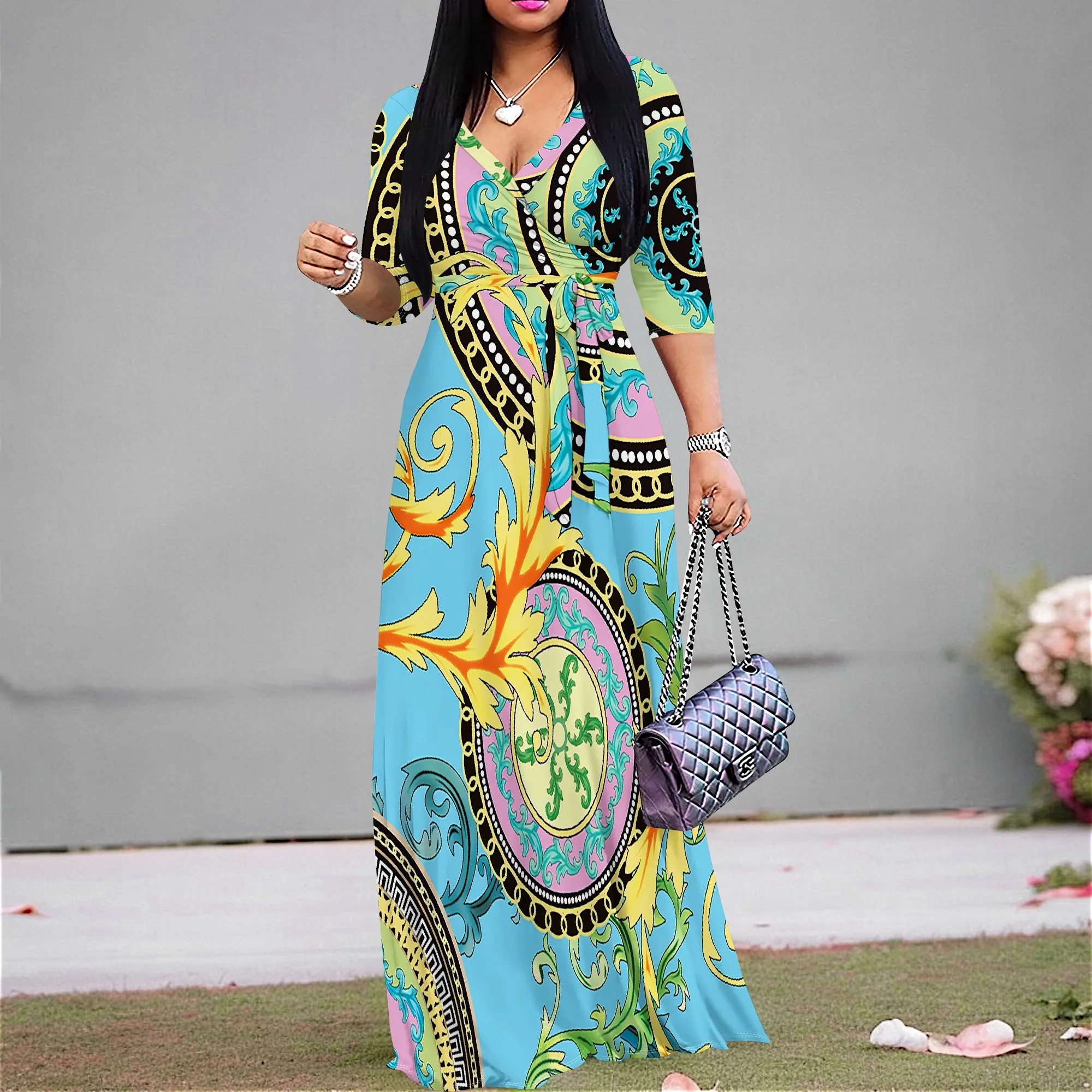 Women's 3/4 Sleeve Sexy V Neck Loose Long Dress Fashion Printed Split Hem Casual Maxi Dress For Women With Pocket and Belt
Women's 3/4 Sleeve Sexy V Neck Loose Long Dress Fashion Printed Split Hem Casual Maxi Dress For Women With Pocket and Belt