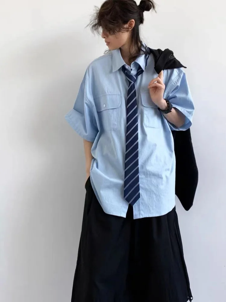 Retro Japanese Sle Loose Casual ort Sve irt ex Summer Blue Workwear irt Student Faion Youth Culture
Retro Japanese Sle Loose Casual ort Sve irt ex Summer Blue Workwear irt Student Faion Youth Culture