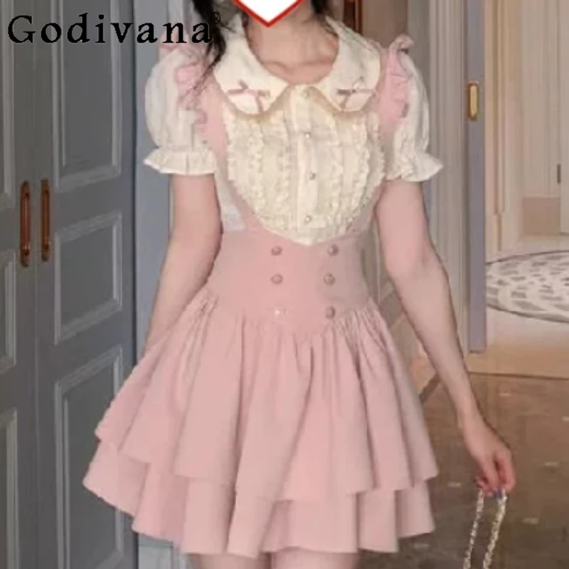 Large Size Sweet College Peter Pan Collar Short Sleeve Shirt Fashion High Waist A-line Cute Girl Pink Princess Strap Skirt
Large Size Sweet College Peter Pan Collar Short Sleeve Shirt Fashion High Waist A-line Cute Girl Pink Princess Strap Skirt